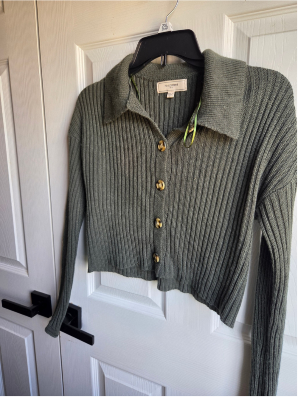 Women's No Comment Ribbed Knit Collared Cardigan Olive Green Size S I